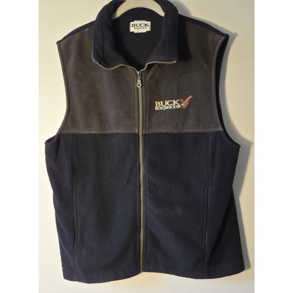 Buck Knives Fleece Vest Mens Size M Full Zip Black Gray Colorblock With Pockets